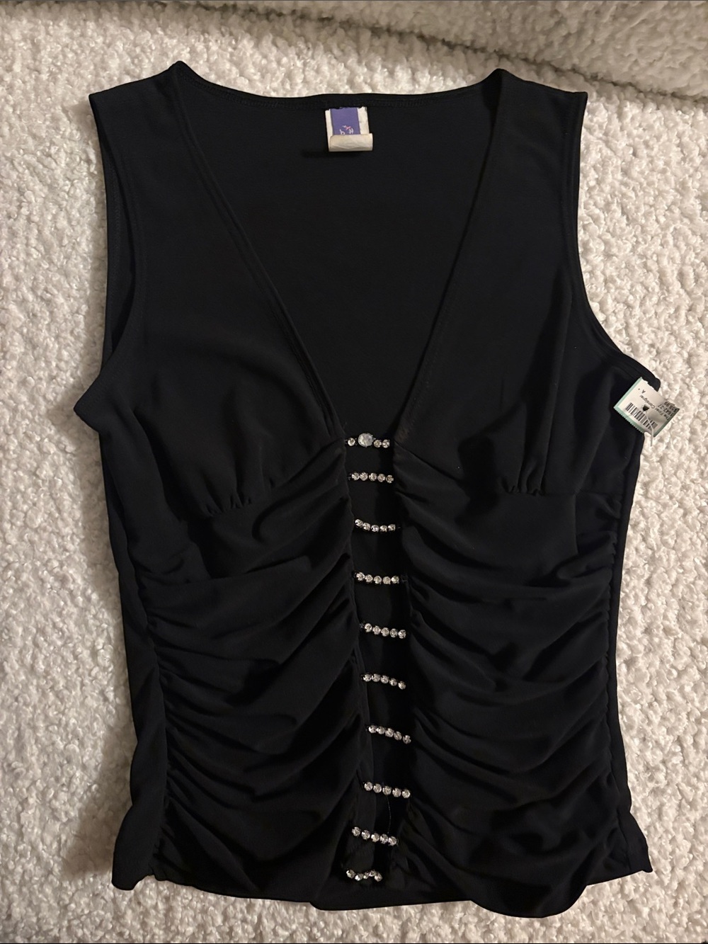 Sleeveless Black Ruched Tank with Rhinestone Trim